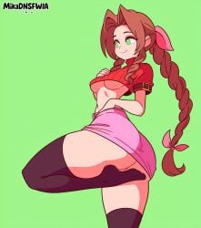 aerith_gainsborough ai_generated braided_ponytail brown_hair crop_top female final_fantasy folded_leg from_behind from_side green_eyes hair_ribbon hand_on_own_chest huge_ass leg_up long_hair medium_breasts midriff mikadnsfwia navel no_bra no_panties parted_bangs sidelocks skirt smile solo standing standing_on_one_leg sweater thick_thighs thighhighs turtleneck turtleneck_sweater underboob wavy_hair