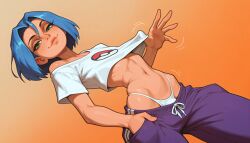 1boy 4k absurd_res ai_generated blue_hair bulge clothes_lift clothes_pull clothing crop_top crossdressing dutch_angle eyelashes femboy gradient gradient_background green_eyes hair_between_eyes hand_in_pocket hi_res high_resolution highleg highleg_panties highres illustrious_(stable_diffusion) jaja_ai james_(pokemon) landscape lifted_by_self looking_at_viewer male male_focus male_only midriff narrow_waist navel off_shoulder orange_background otoko_no_ko panties pants pants_pull pantsu pokemon pokemon_character purple_pants seductive seductive_smile self_upload shirt shirt_lift short_hair simple_background slender_waist smile solo stable_diffusion stomach sweatpants t-shirt team_rocket trap uncensored underwear very_high_resolution wai-nsfw-illustrious-sdxl wallpaper white_panties white_shirt white_underwear