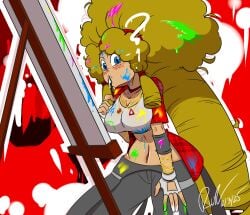 1girls armwear background background_pattern big_breasts blue_eyes breasts canvas clothed clothed_female crop_top double_ponytail flingza_roller freckles gloves hairband looking_at_viewer necklace paint paint_brush paint_on_body painted_clothes rickdiojames sports_pants yellow_hair