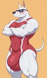 ai_generated anthro arnold_the_pitbull bara big_ass big_ass_(male) big_bulge big_snout blush canine competition_swimsuit crossed_arms embarrassed fanservice femboy furry gay huge_bulge hunk keijo!!!!!!!! male male_focus male_only one-piece_swimsuit shy simple_background solo solo_focus sunglasses tagme tail thick_thighs tiny_toon_adventures tiny_toons_looniversity trap warner_bros white_body white_skin yaoi