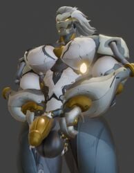 3d 3d_(artwork) 3d_render augghles banyue_(zenless_zone_zero) big_balls big_breasts big_titties black_body glowing_eyes glowing_nipples machine male_only posing presenting robot_humanoid simple_background solo solo_focus solo_male tongue_out yellow_eyes