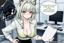 ai_assisted ai_generated arknights blush bra_peek bulging_eyes chibi cleavage doctor_(arknights) earrings english_text eye_pop fatest_squirrel from_side green_bra green_eyes green_nails hand_on_own_hip holding_notebook hood kal'tsit_(arknights) looking_at_viewer mature_female medium_breasts miniskirt office_lady standing thighhighs upper_body white_hair white_shirt