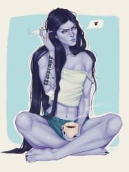 1girls 2d big_breasts blizzard_entertainment blue_hair blue_skin coffee female female_only fit fit_female looking_at_viewer overwatch purple_body sexy sexy_body smoke smoking solo tattoo tattooed_arm widowmaker yellow_eyes