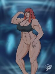 1girls abs bottomless cleavage dark-skinned_female dark_skin dark_skinned_female female female_abs final_fantasy_xiv franktonius girl_abs leg_muscles muscle muscle_girl muscles muscular muscular_female muscular_legs oc original original_character pussy red_hair red_head solo vagina