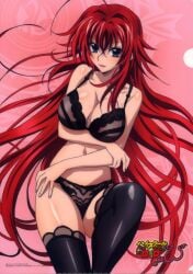 :d absurdres ahoge arm_under_breasts big_breasts black_bra black_panties black_thighhighs blue_eyes body_blush bra breasts cleavage copyright_name cowboy_shot crossed_arms female flipped_hair gotou_junji hair_between_eyes hair_intakes hand_on_own_arm hand_on_own_hip high_school_dxd high_school_dxd_new highres huge_ahoge lace lace-trimmed_bra lace-trimmed_panties lace-trimmed_thighhighs lace_trim large_breasts lingerie long_hair looking_at_viewer magic_circle navel official_art open_mouth panties pink_background red_hair rias_gremory scan smile solo thighhighs underwear underwear_only very_long_hair