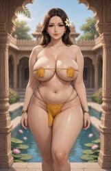 ai_generated architecture archway areola_slip bangle blurry_background breast_curtains brunette_hair female female_only hair_over_shoulder indian indian_female knees large_breasts loincloth long_hair loose_hair lotus milf mombod mommy pelvic_curtain pelvic_line pillar pool practically_nude revealing_clothes rgomez007 self_upload shiny_skin skimpy skindentation smiling_at_viewer solo_female stable_diffusion standing temple temple_background thick_lips thick_thighs wide_hips