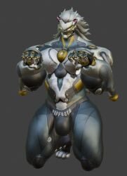 1boy 3d 3d_(artwork) 3d_render alternate_version_at_source alternate_version_available augghles banyue_(zenless_zone_zero) big_ass big_ass_(male) big_titties bulge cat_ears cute english english_text grey_body grey_hair jockstrap machine male_only muscular muscular_arms muscular_legs muscular_male robot robot_humanoid solo solo_focus solo_male two-tone_body undressing white_body zenless_zone_zero