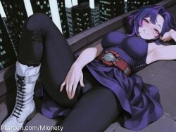 ai_generated arm_up armpits artist_name bare_arms bare_shoulders belt belt_buckle black_hair black_panties black_pants blue_hair blush boku_no_hero_academia boots breasts buckle building cameltoe character_name city cityscape copyright_name cross-laced_footwear dress english_text female goddess_of_victory:_nikke grin half-closed_eyes knee_up lady_nagant large_breasts looking_at_viewer lying medium_breasts mionety multicolored_hair night on_back outdoors panties panties_under_pantyhose pants pantyhose parted_lips patreon_username pink_eyes pink_hair purple_eyes purple_hair red_belt shirt short_hair skyscraper sleeveless sleeveless_dress sleeveless_shirt smile solo streaked_hair thighs two-tone_hair underwear virtual_youtuber white_footwear