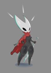 absurd_res anthro arthropod black_body black_eyes bodily_fluids bottom_heavy breasts cloak cloak_only clothing empty_eyes featureless_feet feet female genital_fluids genitals grey_background hi_res holding_object holding_weapon hollow_knight_(franchise) hornet_(hollow_knight) insects navel nipples nude red_cloak red_clothing shortstack simple_background small_breasts solo team_cherry thick_thighs toospookzy vaginal_fluids vulva weapon white_body wide_hips