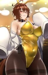 1girls absurdres agnes_tachyon_(umamusume) ahoge alternate_breast_size_(larger) animal_ears armpits blush breasts brown_hair brown_pantyhose bunny_ears bunnysuit coat covered_navel cowboy_shot detached_collar ear_covers empty_eyes fake_animal_ears female grin hair_between_eyes hand_up highleg highleg_leotard highres horse_tail huge_ahoge jitome_no_tsugumi lab_coat large_breasts leotard long_sleeves looking_at_viewer necktie nontraditional_playboy_bunny nose_blush open_clothes open_coat pantyhose rabbit_ears red_eyes short_hair short_necktie skindentation sleeves_past_fingers sleeves_past_wrists smile solo strapless strapless_leotard tail umamusume white_coat wide_hips wide_sleeves yellow_leotard