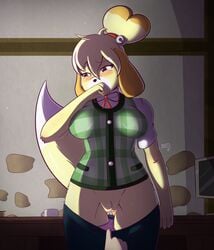 2018 absurd_res ambiguous_gender animal_crossing anthro bell blonde_hair blush bodily_fluids bottomless bottomwear breasts brown_eyes canid canine canis clothed clothing computer covering covering_mouth covering_own_mouth covering_self cup dated desk domestic_dog female first_person_view furniture genitals hair half-closed_eyes hi_res inside isabelle_(animal_crossing) jingle_bell looking_away looking_to_the_side mammal narrowed_eyes nintendo panties panties_down pussy shih_tzu shirt short_hair signature skirt skirt_pull solo solo_focus standing tears thepsychodog topknot topwear toy_dog underwear vest video_games