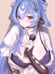 1girls bao_(vtuber) bao_the_whale big_breasts black_bra blue_hair blush bra breasts choker cleavage commentary embarrassed female hair_ribbon highres indie_virtual_youtuber large_breasts layered_sleeves liquid_hair long_hair long_sleeves looking_at_viewer microphone puffy_short_sleeves puffy_sleeves purple_eyes ribbon short_sleeves shy sidelocks solo underwear ura_illust virtual_youtuber vtuber whale_girl