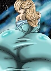 1girls ass ass_shot big_ass blonde_hair blue_dress blush breasts bubble_ass bubble_butt close-up close-up_ass clothing crown dat_ass dress ear_piercing earrings female hair huge_ass long looking_back mario_(series) princess_rosalina rosalina smug space star_earrings