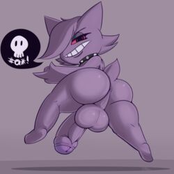 ! 1:1 1boy 4_fingers anthro anthrofied ass black_eyes collar eye_contact feet floating foreskin gengar genitals gesture ghost hair_over_one_eye half-closed_eyes huge_cock looking_at_viewer male male_only middle_finger nintendo not_safe_for_reality original_character penis pink_sclera pokémon_(species) pokemon pokemon_rgby punk purple_background purple_hair purple_skin shadow solo spikes spread_legs symbol testicles text thick_thighs video_games watermark wide_hips