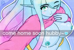 blue_skin breasts cyana_(p.m._seymour) elf_ears female lactation large_breasts pointy_ears riley_moore_(artist) ring snapchat sweater_pull wife