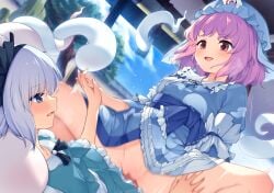 2girls blue_eyes blue_hat censored closed_eyes commentary_request cowgirl_position erection futa_with_female futanari green_skirt green_vest hat holding_hands indoors konpaku_youmu konpaku_youmu_(ghost) mob_cap mosaic_censoring multiple_girls open_mouth penis pink_hair red_eyes saigyouji_yuyuko sex short_hair skirt smile touhou tsuki_tokage variant_set vest white_hair will-o'-the-wisp_(mythology)