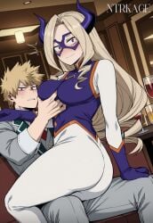 1boy 1girls ai_generated bakugou_katsuki blush bodysuit breast_grab caught caught_cheating cheating cuckold english_text hi_res katsuki_bakugou medium_breasts mount_lady my_hero_academia netorare ntrkage school_uniform sitting sitting_on_lap slim_waist suprised wine