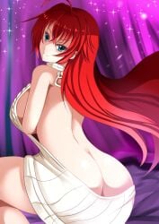 absurdres ahoge aran_sweater arms_under_breasts ass ass_crack back backless_dress backless_outfit bare_back bare_shoulders bed bed_sheet big_breasts blue_eyes breast_hold breasts butt_crack cable_knit closed_mouth commentary dimples_of_venus drawstring dress female from_behind hair_between_eyes halterneck hand_up high_school_dxd highres k_kung large_breasts long_hair looking_at_viewer looking_back naked_sweater no_bra no_panties on_bed photoshop_(medium) red_hair rias_gremory ribbed_sweater sideboob sitting sleeveless sleeveless_turtleneck smile solo sparkle sweater sweater_dress turtleneck turtleneck_sweater very_long_hair virgin_destroyer_sweater virgin_killer_outfit virgin_killer_sweater white_dress white_sweater