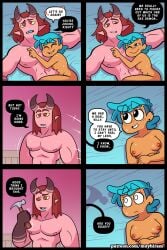 after_sex bed_sheet black_eyes blank_eyes blue_hair breasts breasts_out brown_eyes brown_hair demon_and_mess ear_ring earrings english english_dialogue english_text fani_(muyhiram) finger_on_chest guts_(muyhiram) hammer hand_on_chest hands_on_stomach holding_hammer hugging hugging_another hugging_partner incubus incubus_horns laying_down laying_on_bed long_hair male/female medium_breasts movement_lines muscles muscular muscular_male muyhiram naked pointy_ears sheets short_hair sweatdrop sweaty_body tired tired_eyes tired_look