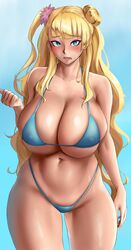 1girls bare_arms bare_legs bikini blonde_hair blue_eyes blush blushing breasts cleavage curvy eyebrows eyebrows_visible_through_hair eyeliner female female_only galko gyaru hair_bun hair_ornament huge_breasts long_hair midriff navel oshiete!_galko-chan plump revealing_clothes roresu simple_background skimpy_bikini skimpy_clothes sky solo solo_female thick_thighs thighs very_long_hair voluptuous wide_hips