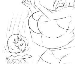 2girls ashlindhe_(franktonius) big_breasts bodyless detachable_head detached_head dropping dullahan franktonius horn huge_breasts ogremom_(franktonius) trash_bin