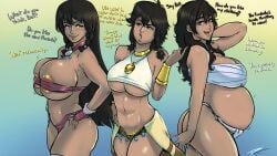 3girls bandeau belly_bulge black_hair blush braid braided_hair braided_twintails breasts brown_eyes chest_wraps clothed clothed_female clothing danmachi dialogue dungeon_ni_deai_wo_motomeru_no_wa_machigatteiru_darou_ka english_text fakeryway female_focus female_only fundoshi fundoshi_only gradient_background huge_breasts long_hair looking_at_viewer multiple_girls open_mouth open_smile original original_character partially_undressed pregnant pregnant_belly pregnant_female sarashi smile stomach_bulge tan_skin text tiona_hiryute tione_hiryute tubetop twin_braids twintails wraps