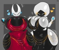 2girls big_breasts dress drinks forsakenedbread hollow_knight hornet_(hollow_knight) lace_(hollow_knight) source_request