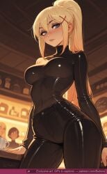 ai ai_assisted ai_generated artist_name bebora black_bodysuit black_pants blonde_hair blue_eyes blurry blurry_background blush bodysuit breasts closed_mouth contrapposto covered_collarbone covered_navel cowboy_shot cup darkness_(konosuba) female hair_between_eyes hair_ornament indoors konosuba large_breasts latex leather_pants long_hair long_sleeves looking_at_viewer pants patreon ponytail shiny_clothes sidelocks skin_tight smile solo_focus standing tight_clothes turtleneck x_hair_ornament