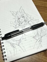 1girls bottomless female functionally_nude hololive hololive_gamers hololive_japan huge_breasts lined_paper looking_pleasured navel object_censor ookami_mio pen seo_tatsuya shirt_lift solo_female sweat tie_between_breasts traditional_media traditional_media_(artwork) virtual_youtuber wolf_ears wolf_girl