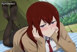 ai_generated anime anime_style artist_name black_pantyhose black_shorts blush brown_hair brown_jacket closed_mouth collared_shirt feet feet_up female hair_between_eyes head_rest hentai hi_res jacket long_hair looking_at_viewer lying makise_kurisu mystic_maidens necktie no_shoes on_stomach pantyhose pantyhose_under_shorts patreon purple_eyes red_hair red_necktie shirt shorts soles solo steins;gate the_pose toes white_shirt