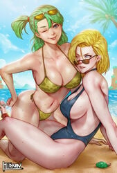 2girls android_18 beach blonde_female blonde_hair blue_eyes brown-tinted_eyewear bulma_briefs cameltoe camouflage_bikini cleavage curvy dragon_ball dragon_ball_z erect_nipples female hibren huge_areolae huge_ass huge_breasts looking_over_eyewear looking_over_glasses master_roshi puffy_nipples short_hair sunglasses teenager thick_lips tinted_eyewear voluptuous wide_hips yuri