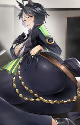 absurdres ahoge animal_ears ass ass_focus black_gloves black_hair black_jacket black_shoes blue_eyes blush breasts cleavage commentary_request ear_piercing earrings female female_only from_behind fuji_kiseki_(shooting_star_revue)_(umamusume) fuji_kiseki_(umamusume) gloves grin hand_on_own_ass highres horse_ears horse_girl horse_tail indoors jacket jewelry jitome_no_tsugumi long_sleeves looking_back multicolored_hair pants parted_bangs piercing shoes short_hair sitting smile solo streaked_hair tail two-tone_hair umamusume yokozuwari