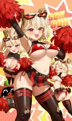 absurdres arm_up armpits ass bangboo_(zenless_zone_zero) bare_shoulders belt belt_buckle bikini black-framed_eyewear black_skirt black_thighhighs blonde_hair blush breasts buckle burnice_white capitan_wei cheerleader cleavage closed_eyes commentary_request contrapposto covered_erect_nipples creature detached_sleeves english_text eyewear_on_head female female_only glint highres holding large_breasts long_sleeves miniskirt multiple_views navel open_mouth partially_visible_vulva pleated_skirt pom_pom_(cheerleading) red-tinted_eyewear red_bikini red_ribbon red_skirt ribbon short_hair side-tie_bikini_bottom sideboob skirt smile sparkle spiked_belt sunglasses sweat swimsuit thighhighs tinted_eyewear two-tone_skirt two_side_up underboob upskirt zenless_zone_zero