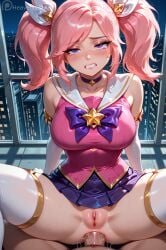 ai_generated clenched_teeth clothed clothed_sex heavenly_art large_breasts league_of_legends luxanna_crownguard pink_eyes pink_hair pussy riot_games sex star_guardian_lux tears