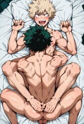 ai_generated comfyui stable_diffusion gay male male/male anal muscular muscular_male sweat oiled shiny_skin ass_focus from_behind ahegao tongue_out drooling cum_drip intense_sex my_hero_academia katsuki_bakugou bakugou_katsuki deku izuku_midoriya