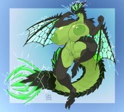 2026 2_toes 5_fingers absurd_res anthro areola astalos big_breasts biped black_body black_scales black_sclera breasts caixin_sanshijiu capcom claws digital_media_(artwork) electricity electricity_manipulation elemental_manipulation feet female female_anthro fingers flying_wyvern genitals green_areola green_body green_eyes green_nipples green_scales green_vulva head_crest hi_res huge_breasts hyper hyper_breasts kaya_(knockedoutdragon) membrane_(anatomy) membranous_wings monster_hunter multicolored_body nipples pincer_tail scales solo thick_thighs toe_claws toes vulva wide_hips winged_arms wings