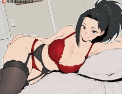 1girls ai_generated black_eyes black_hair blush boku_no_hero_academia bra breasts cleavage garter_straps haze911 huge_breasts large_breasts lingerie looking_at_viewer lying momo_yaoyorozu my_hero_academia on_bed on_side panties ponytail red_bra red_panties smile solo teasing thighhighs underwear underwear_only