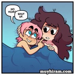 after_sex bed bed_sheet bite_mark bite_mark_on_arm bite_mark_on_neck bite_mark_on_shoulder bite_marks biting_lip biting_own_lip blue_eyes body_marking body_markings brown_hair comic_panel english english_dialogue english_text female/female girls_kissing_(muyhiram) holding_head holding_sheet leg_around_partner long_hair looking_at_partner marin_(muyhiram) messy_hair muyhiram no_homo pink_hair risa_(muyhiram) short_hair swatdrop sweat sweaty sweaty_body tired_eyes tired_look under_sheets yuri