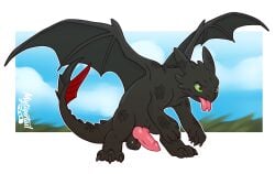 animal_genitalia animal_penis balls black_body black_scales blue_sky claws cloud day digital_media_(artwork) dragon dreamworks earless erection european_mythology feathered_wings feathers feet feral fury_(httyd) genitals green_eyes hi_res horn how_to_train_your_dragon knot knotted_penis male membrane_(anatomy) membranous_wings mythological_creature mythological_scalie mythology mytigertail night_fury not_furry nude open_mouth penis quadruped red_wing_membrane scales scalie sky solo spread_wings tail teeth tongue tongue_out toothless western_dragon wings