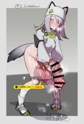1futa animal_ear_headwear animal_ears arknights arknights:_endfield balls bar_censor blue_eyes blush boots bottomless breasts censored clothed clothing commentary_request estella_(arknights:_endfield) female full_body futa_only futanari futanari_masturbation grey_hair hat highres huge_cock huge_testicles humanoid humanoid_penis kemonomimi light-skinned_futa light_skin long_sleeves looking_at_viewer masturbation mirin_chikuwa open_mouth partially_clothed penis pent_up precum socks solo solo_futa standing status_effect tail testicles translation_request white_hat white_socks