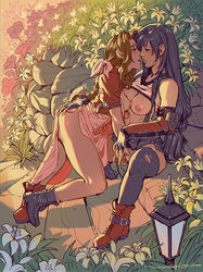 2girls aerith_gainsborough blush boobs breasts closed_eyes final_fantasy final_fantasy_vii fingering fingerless_gloves garden imminent_kiss multiple_girls nipples thighhighs tifa_lockhart torn_legwear wet wet_pussy wintonkidd yuri