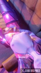 1girls 3d 3d_(artwork) breasts breasts_out female female_only hi_res highres nude nude_female overwatch overwatch_2 pose purple_hair rigvex selfie showing_off sitting sitting_on_couch solo_female table tattoo widowmaker yellow_eyes