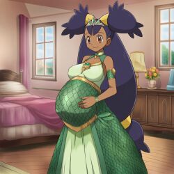 ai_generated black_girl black_skin black_skinned_female enjoying_pregnancy green_dress gym_leader iris_(pokemon) lazybonesai pokemon pokemon_bw pokemon_champion pregnancy pregnant pregnant_belly pregnant_female purple_hair purple_hair_female