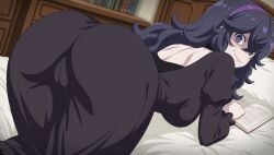 1girls @_@ ahoge ai_generated all_fours alternate_breast_size ass ass_focus black_dress book breasts cameltoe dress female from_behind hairband hex_maniac hex_maniac_(pokemon) long_dress long_hair looking_at_viewer looking_back messy_hair nintendo npc_trainer occult_maniac occult_maniac_(pokemon) open_book pokemon pokemon_xy purple_eyes purple_hair purple_hairband smile solo