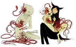 1boy 1other :d androgynous animal_ears black_hair black_shirt blood carrying carrying_person closed_eyes closed_mouth colored_teeth commentary english_commentary filth_(jejejunum) full_body grin guro highres hole_in_arm hole_in_crotch hole_in_face hole_in_head hole_in_leg holes jejejunum kneeling multiple_views nude original parasite pest_(jejejunum) shirt sitting smile speech_bubble tears teeth trypophobia worm yellow_fur yellow_teeth