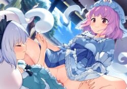 2girls blue_eyes blue_hat censored closed_eyes commentary_request cowgirl_position erection futa_with_female futanari green_skirt green_vest hat holding_hands indoors konpaku_youmu konpaku_youmu_(ghost) mob_cap mosaic_censoring multiple_girls penis pink_hair red_eyes saigyouji_yuyuko sex short_hair skirt smile touhou tsuki_tokage variant_set vest white_hair will-o'-the-wisp_(mythology)