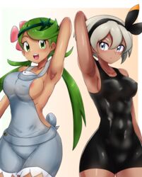 2girls abs areolae armpits arms_up bea_(pokemon) big_breasts blue_eyes dark-skinned_female dark_skin double_chocolate female female_only flower flower_in_hair green_eyes green_hair grey_hair gym_leader hair_ribbon high_resolution huge_breasts huge_thighs human long_hair mallow_(pokemon) multiple_girls muscular_female nintendo nipples no_bra partially_visible_nipples pokemon pokemon_sm pokemon_ss short_hair thick_thighs thighs tight_clothing trial_captain twintails vomqb0hqazddvcb wide_hips