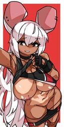 abs alina_(zanamaoria) animal_ears animal_humanoid choker dark-skinned_female dark_skin eyebrows eyebrows_visible_through_hair female gloves gym_clothes gym_shorts inverted_nipples large_breasts mole mole_on_breast mouse_ears mouse_girl mouse_tail nipples one_breast_out original original_character panties_down raised_eyebrows rat red_background red_eyes rodent round_ears selfie shirt_lift sports_bra sweat taking_picture tanline tanned_skin very_long_hair white_hair zanamaoria