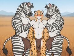 ai_generated animal_genitalia animal_penis anthro anticipation athletic athletic_male biceps black_body black_fur blush bottomwear brown_eyes bulge cheetah chest_tuft clothed clothing crotch_tuft equid equine equine_penis eyebrows felid feline flustered front_view frown_eyebrows fur furrowed_brow genital_outline genitals grassland green_eyes group half-erect hand_on_shoulder hi_res imminent_sex larger_male loincloth loincloth_only looking_at_another looking_at_viewer male male/male mammal markings multicolored_body multicolored_fur muscular muscular_anthro muscular_male naughty_face navel nipples penis penis_outline penis_size_difference portrait predator/prey raised_eyebrows savanna shy side_butt side_view size_difference smaller_male smile spots spotted_markings striped_markings stripes tail tail_tuft three-quarter_portrait topless tribal tribal_clothing trio tuft two_tone_body two_tone_fur white_body white_fur wide_eyed yellow_body yellow_fur zebra