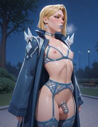 1boy 1femboy 2026 ai_generated balls belly blonde_hair blue_coat blue_garter_belt blue_garter_straps blue_stockings blush bra chastity_cage coat collar crossdressing cupless_bra emma_frost exhibitionism eyelashes fancy_pants femboy feminine_male garter_belt garter_straps genderswap_(ftm) girly looking_away male_emma_frost marvel marvel_rivals navel nipples no_panties open_coat park rule_63 steamy_breath stockings testicles trap